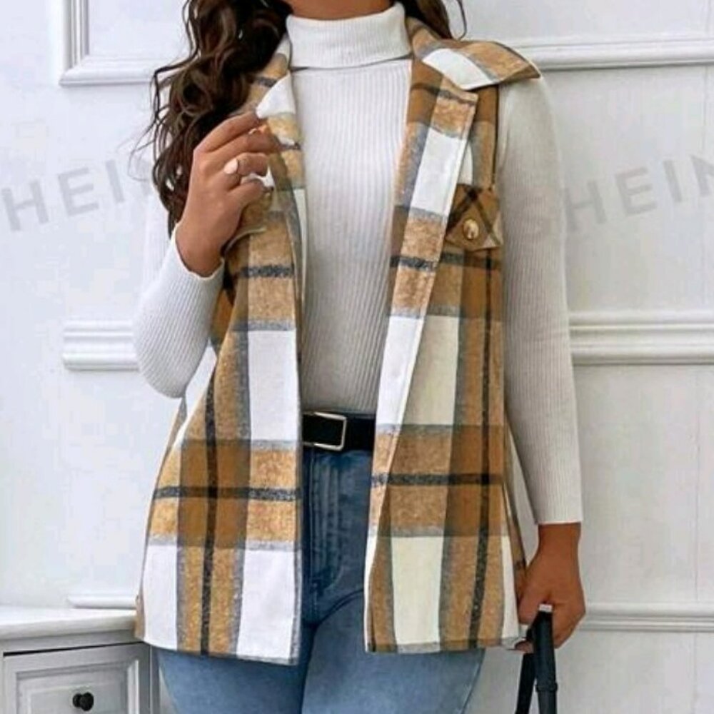 Shein Plus Plaid print vest overcoat - Mocha brown - 3XL